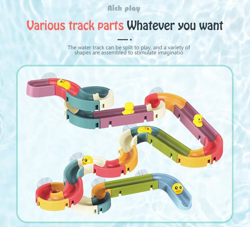 DIY baby bath toys set with marble race run track and automatic sprinkler