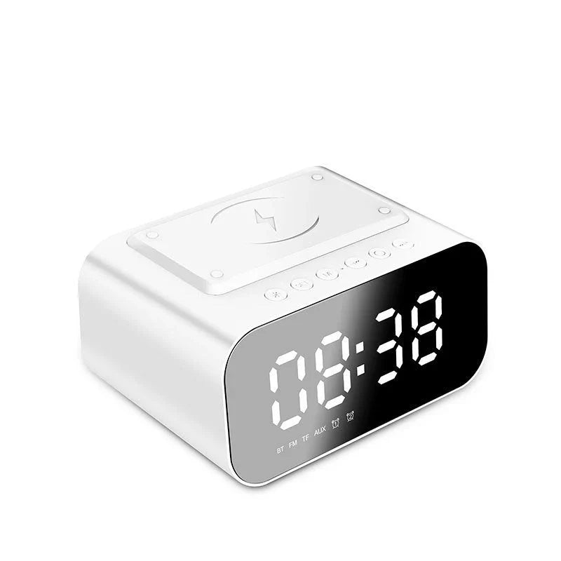 Versatile wireless charging Bluetooth speaker alarm clock with LED display, compact and sleek design.