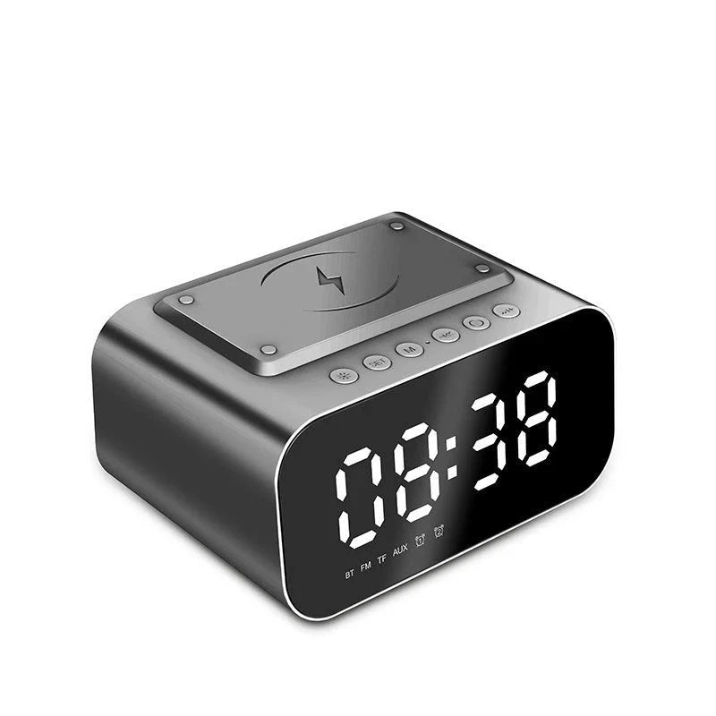 Versatile wireless charging Bluetooth speaker alarm clock with LED display, compact and sleek design.