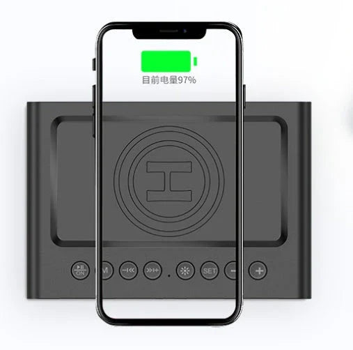 Versatile wireless charging Bluetooth speaker alarm clock with LED display, compact and sleek design.