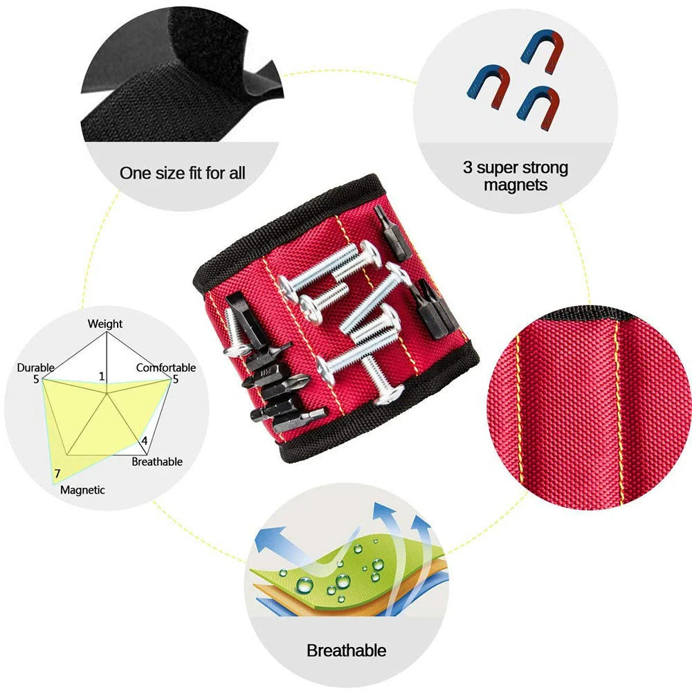 A 15-slot magnetic wristband made of durable nylon with powerful embedded magnets for organising and holding small tools and fasteners.