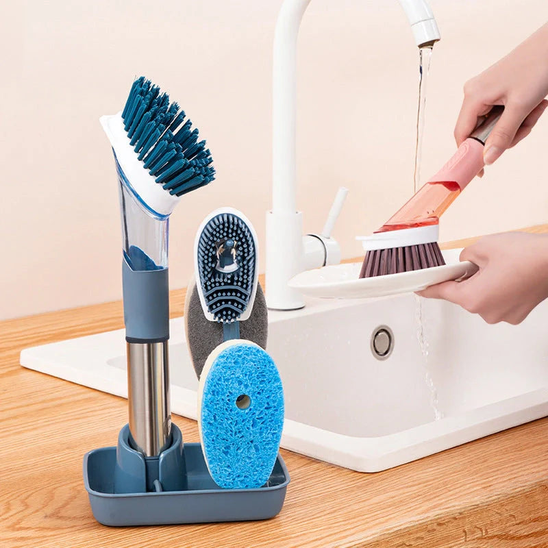 Multifunctional dish brush with soap dispenser and non-slip grip for efficient kitchen cleaning