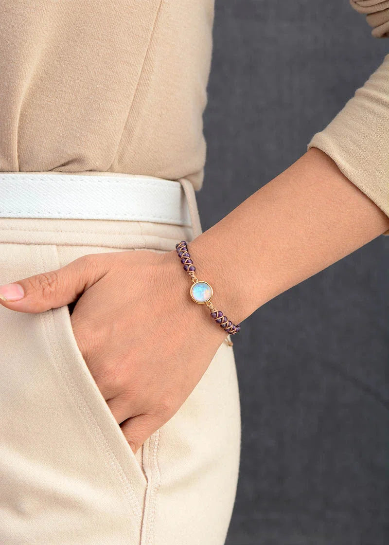 Stylish amethyst and opal friendship bracelets with braided design, perfect for casual or formal wear