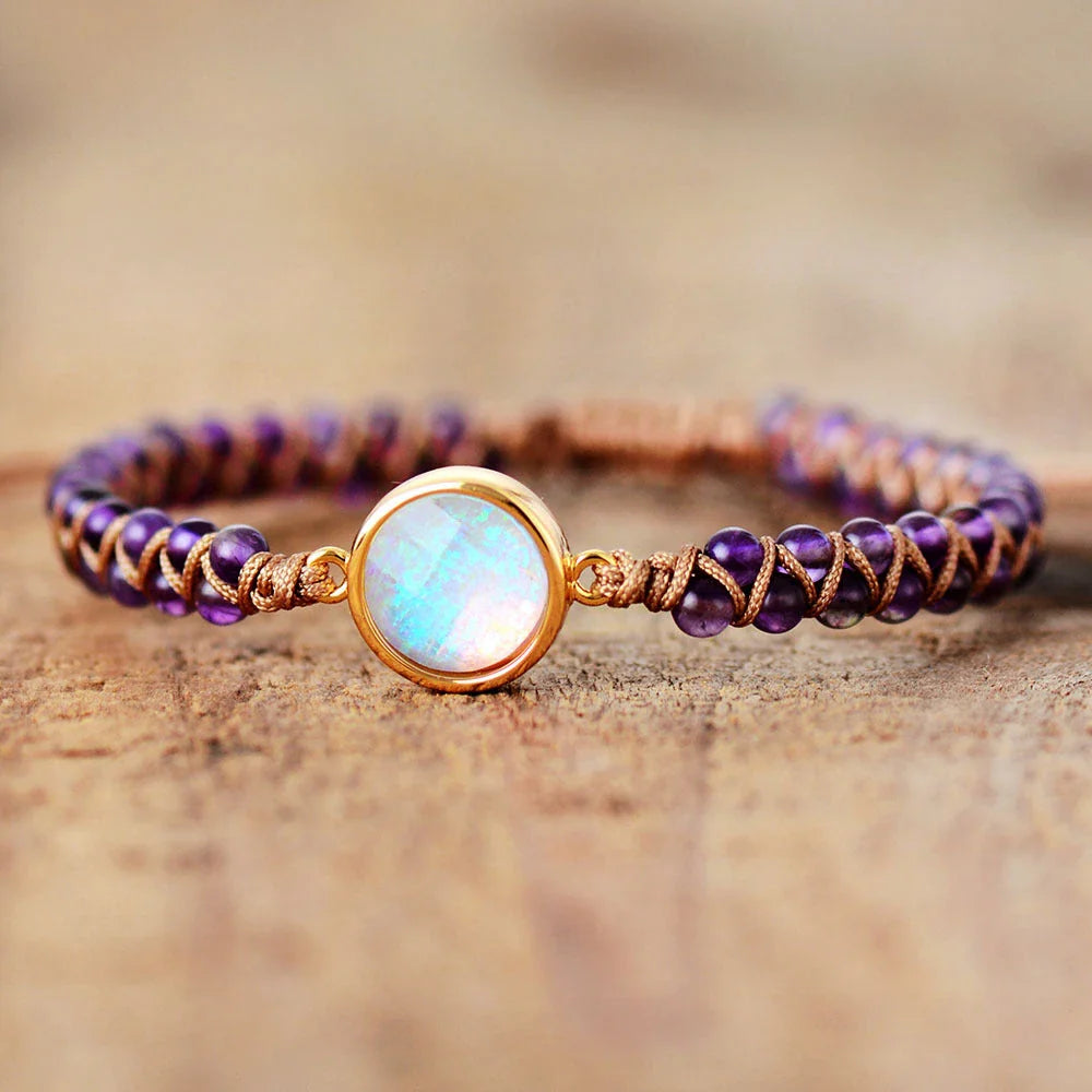 Stylish amethyst and opal friendship bracelets with braided design, perfect for casual or formal wear