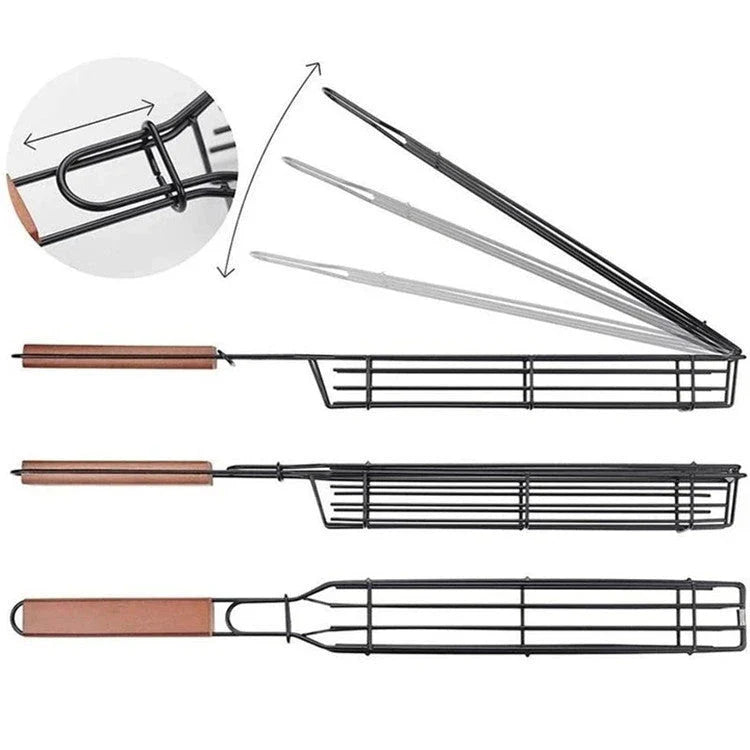 Premium stainless steel BBQ grill basket with rotary lid, wooden handle, and versatile design for outdoor cooking
