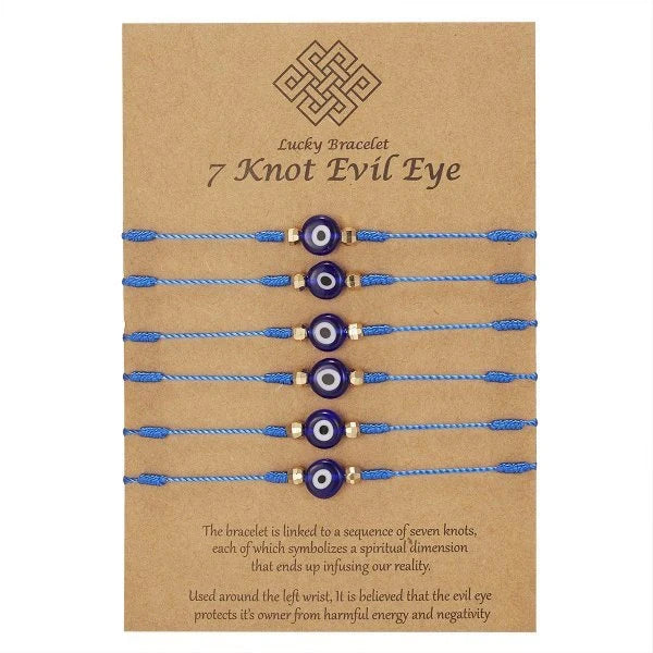 Braided evil eye bracelet set with 7-knot design for luck and protection, adjustable for all wrist sizes.