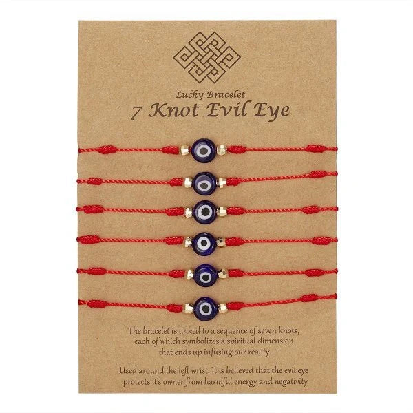 Braided evil eye bracelet set with 7-knot design for luck and protection, adjustable for all wrist sizes.