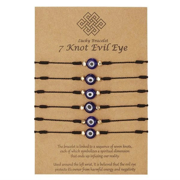 Braided evil eye bracelet set with 7-knot design for luck and protection, adjustable for all wrist sizes.