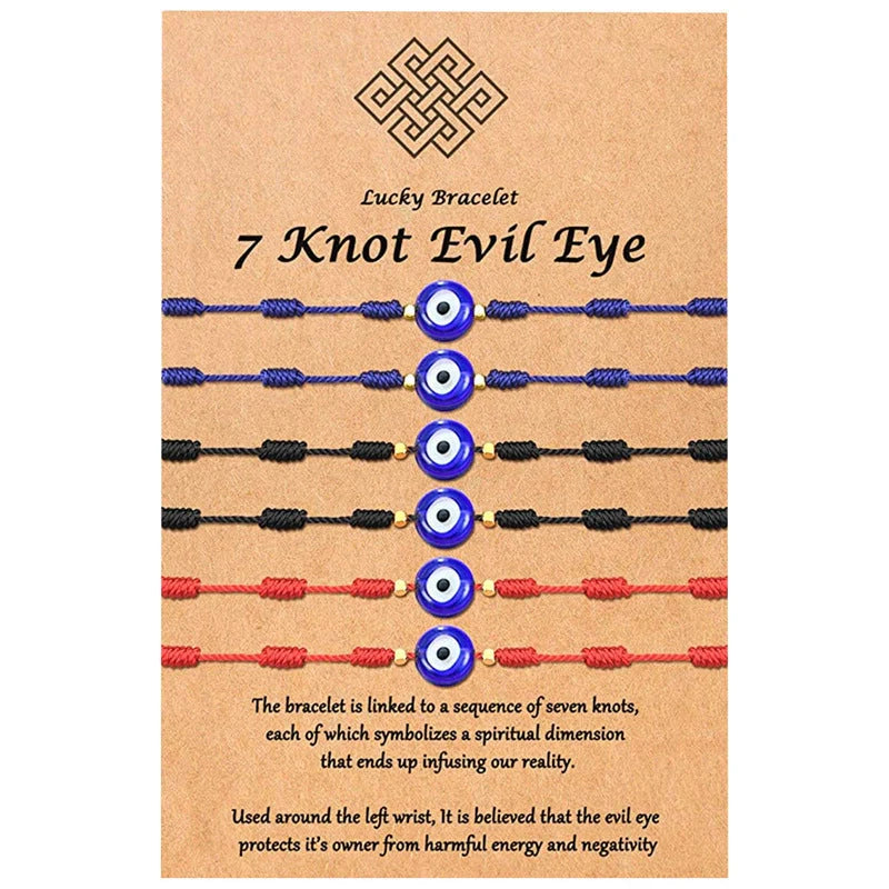 Braided evil eye bracelet set with 7-knot design for luck and protection, adjustable for all wrist sizes.