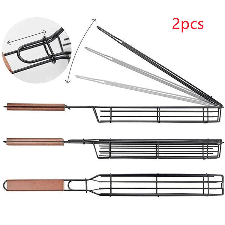 Premium stainless steel BBQ grill basket with rotary lid, wooden handle, and versatile design for outdoor cooking