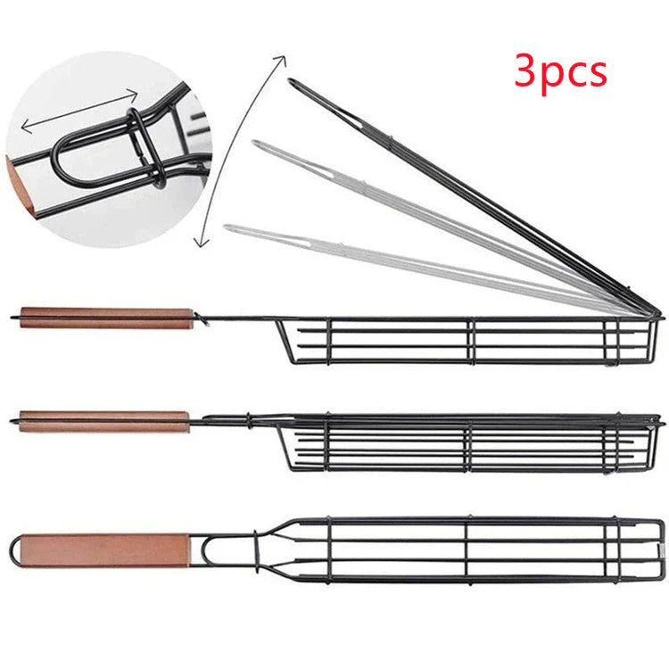Premium stainless steel BBQ grill basket with rotary lid, wooden handle, and versatile design for outdoor cooking