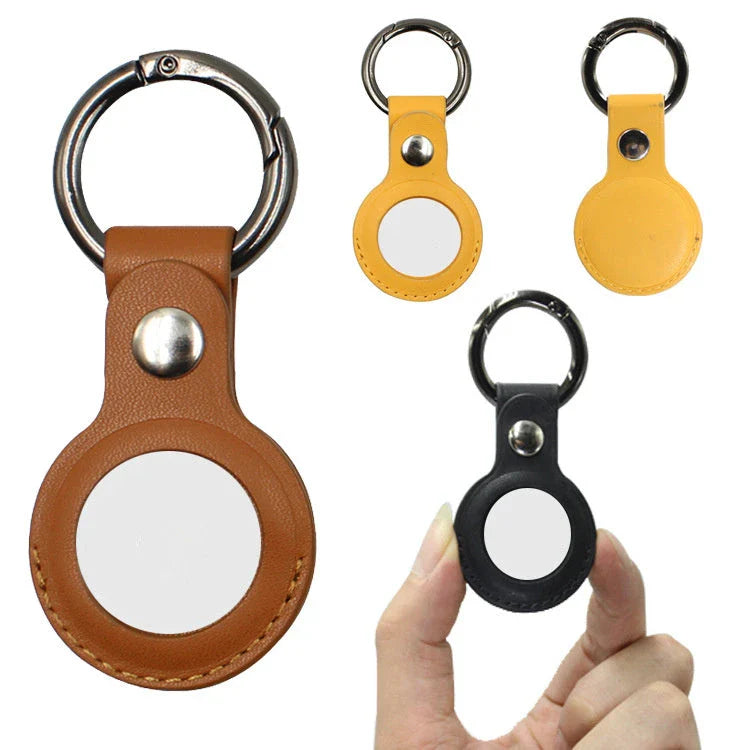 Premium leather AirTag keychain case in various colors, providing durable protection and stylish carry for your Apple tracking device