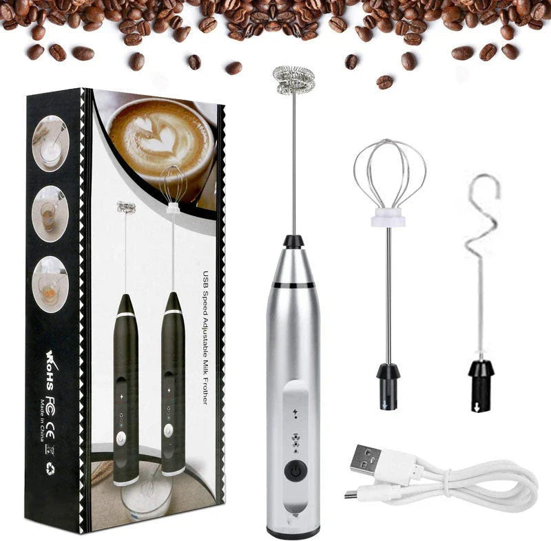 Rechargeable electric milk frother, foam maker, whisk, blender, and egg beater in various colours