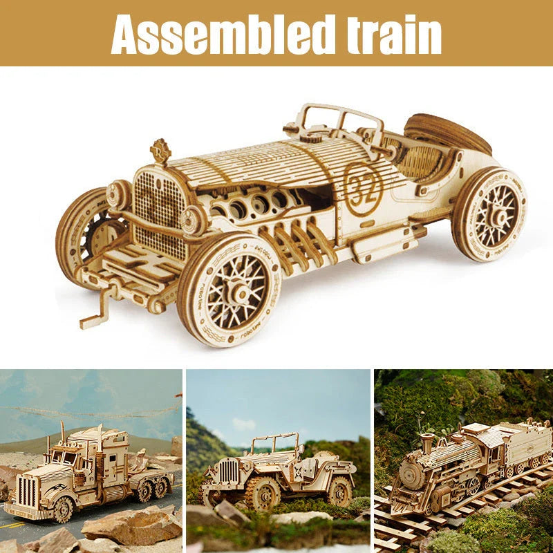 Premium wooden train model kit with detailed components and instructions for DIY assembly