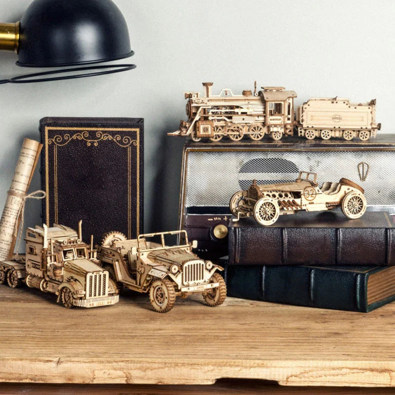 Premium wooden train model kit with detailed components and instructions for DIY assembly