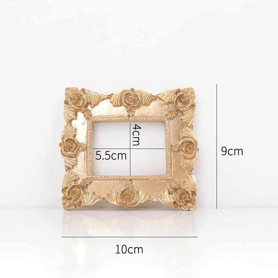 Golden Retro Photo Frame displaying jewellery and art in a Nordic-style resin design