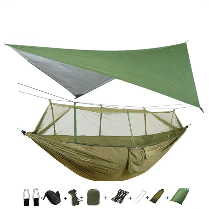 Versatile parachute hammock with mosquito net for outdoor camping and relaxation