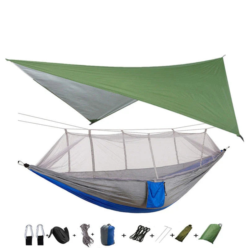 Versatile parachute hammock with mosquito net for outdoor camping and relaxation