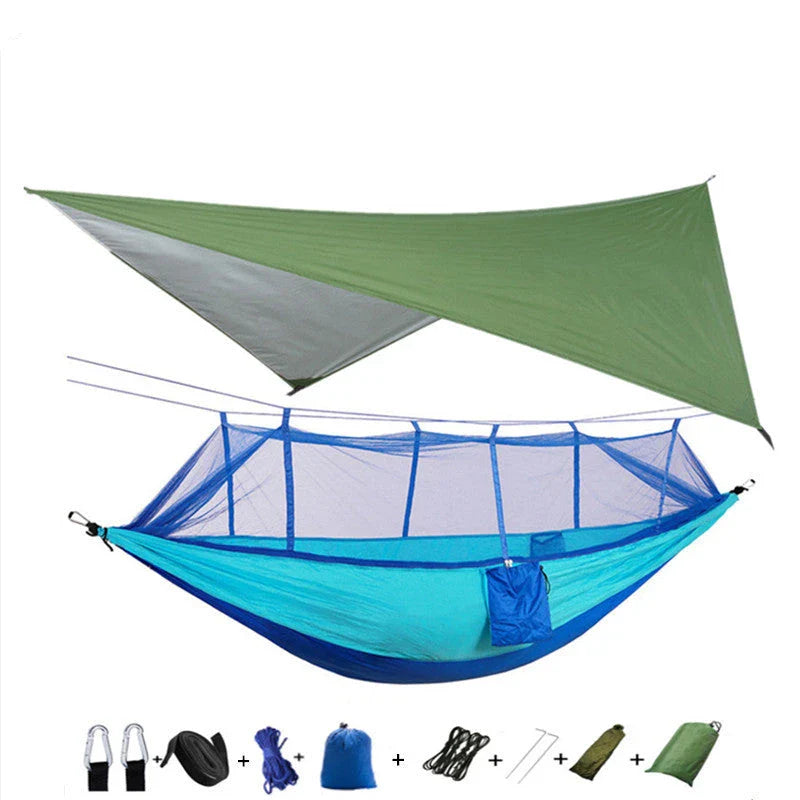 Versatile parachute hammock with mosquito net for outdoor camping and relaxation