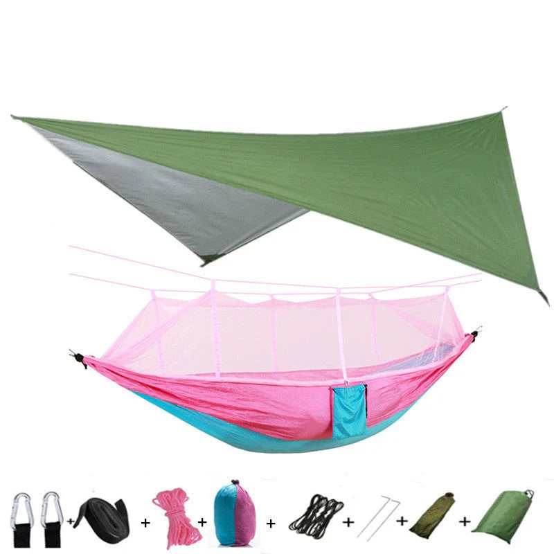 Versatile parachute hammock with mosquito net for outdoor camping and relaxation