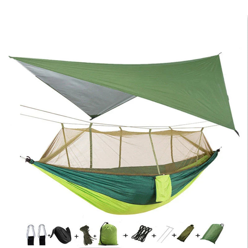 Versatile parachute hammock with mosquito net for outdoor camping and relaxation