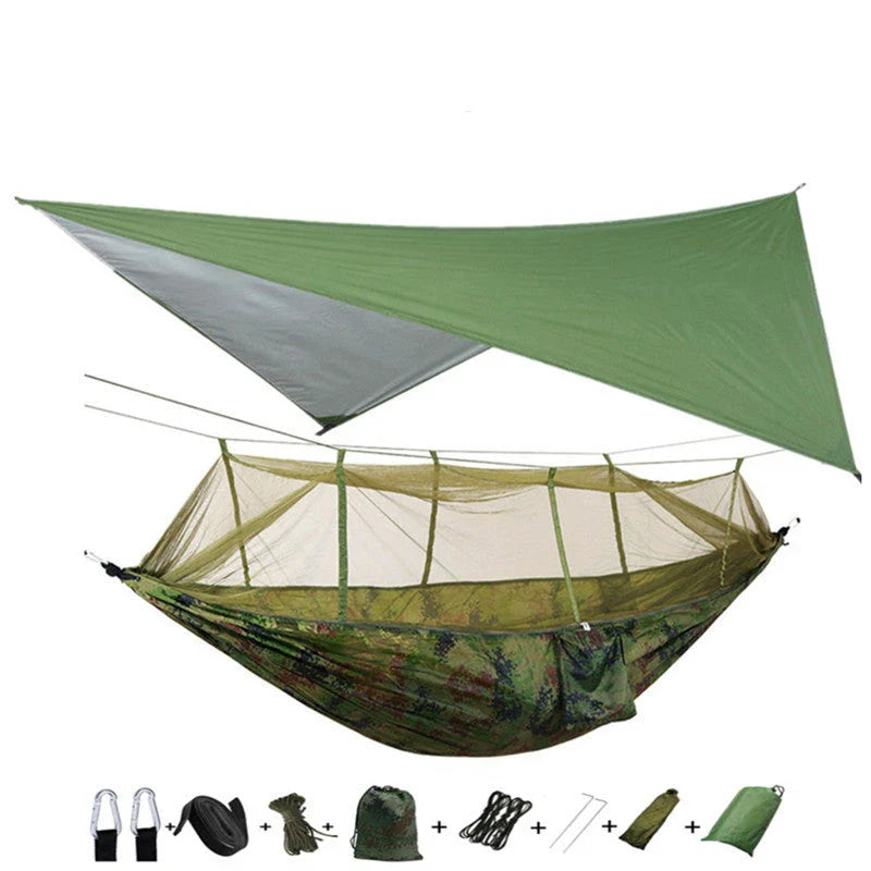 Versatile parachute hammock with mosquito net for outdoor camping and relaxation