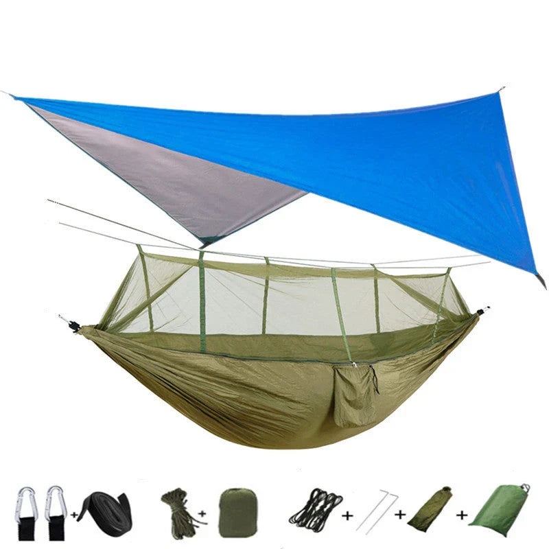 Versatile parachute hammock with mosquito net for outdoor camping and relaxation