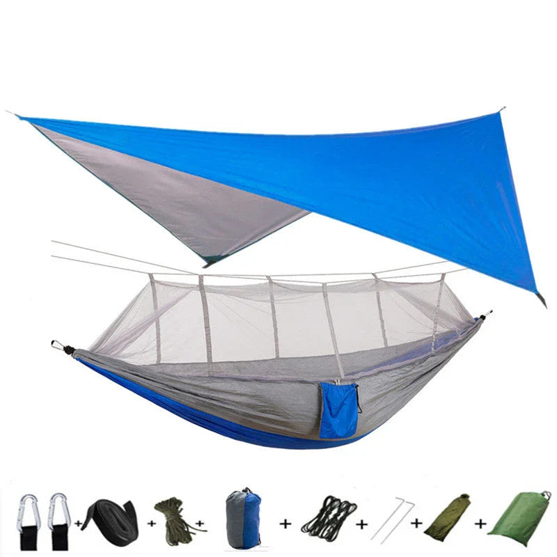 Versatile parachute hammock with mosquito net for outdoor camping and relaxation