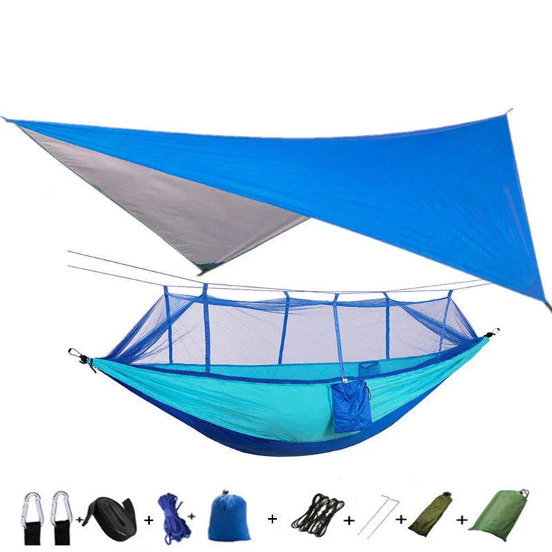 Versatile parachute hammock with mosquito net for outdoor camping and relaxation
