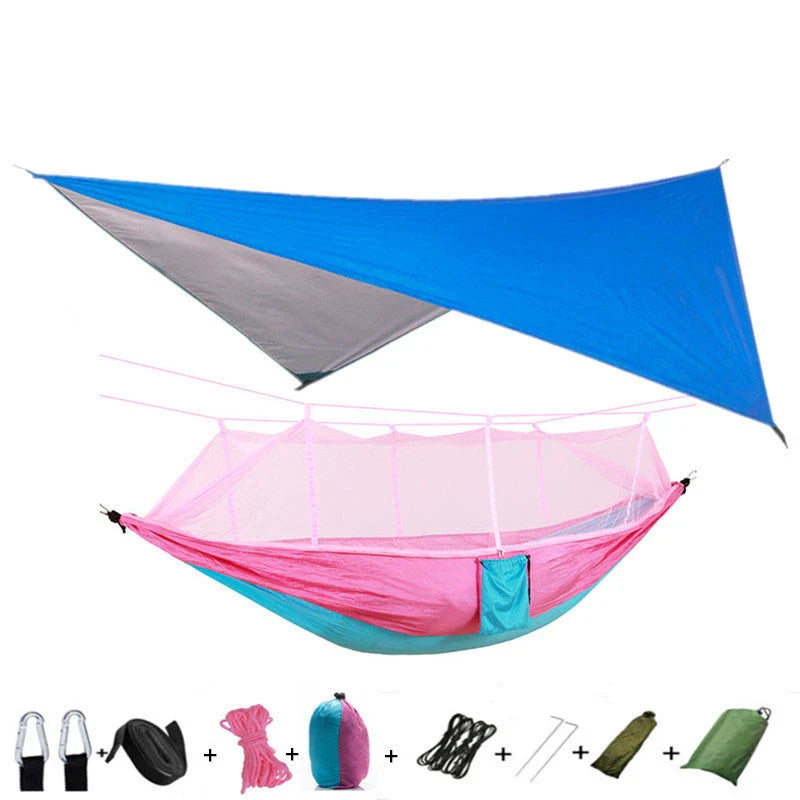 Versatile parachute hammock with mosquito net for outdoor camping and relaxation