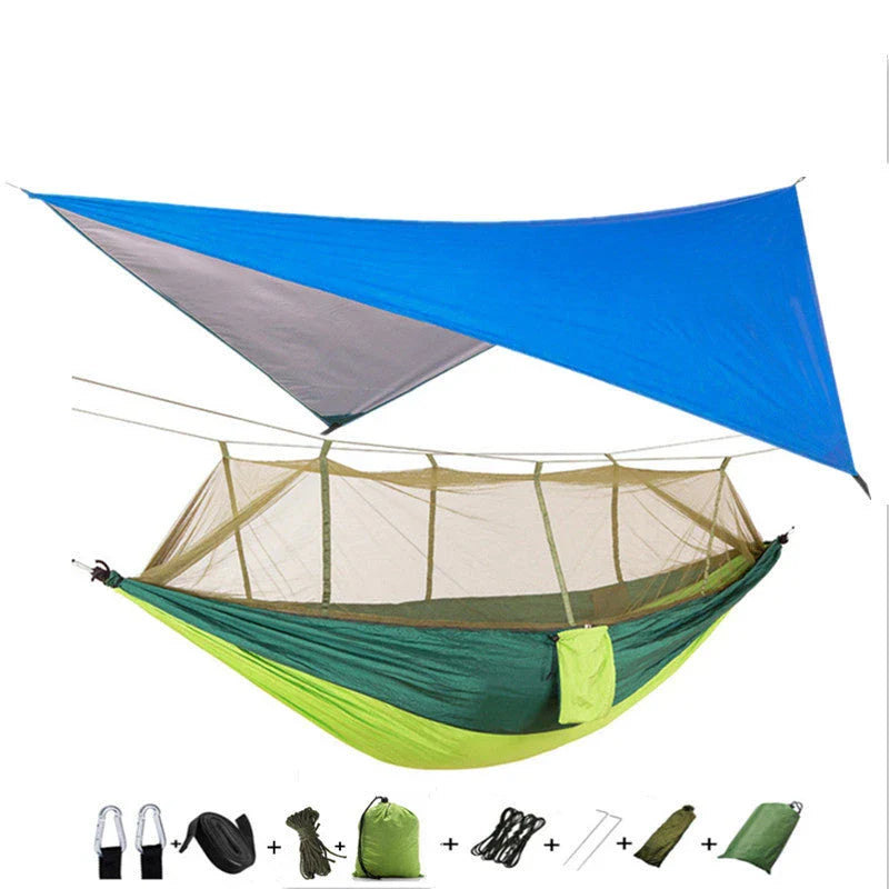 Versatile parachute hammock with mosquito net for outdoor camping and relaxation