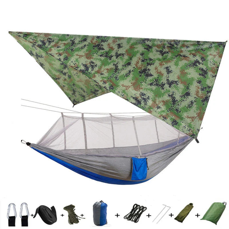 Versatile parachute hammock with mosquito net for outdoor camping and relaxation