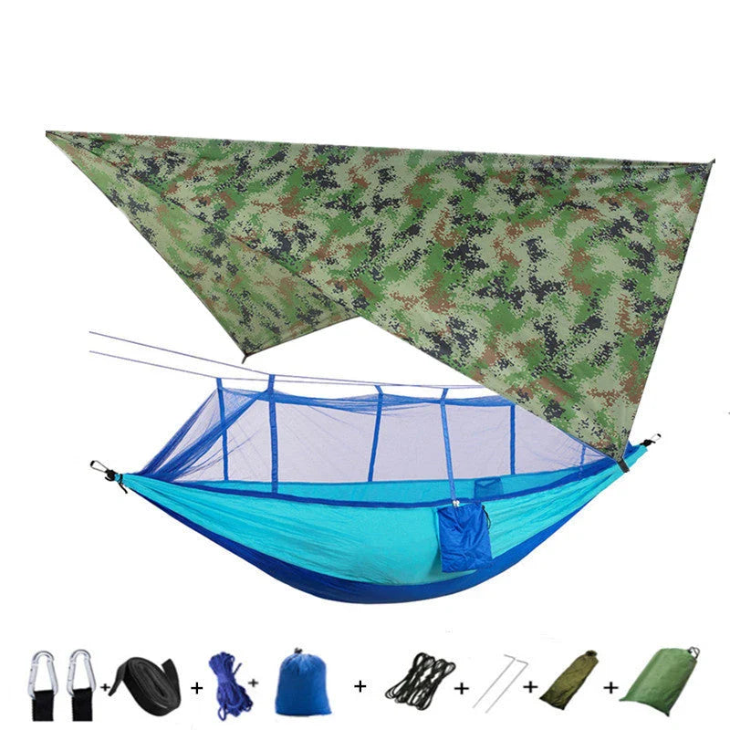 Versatile parachute hammock with mosquito net for outdoor camping and relaxation