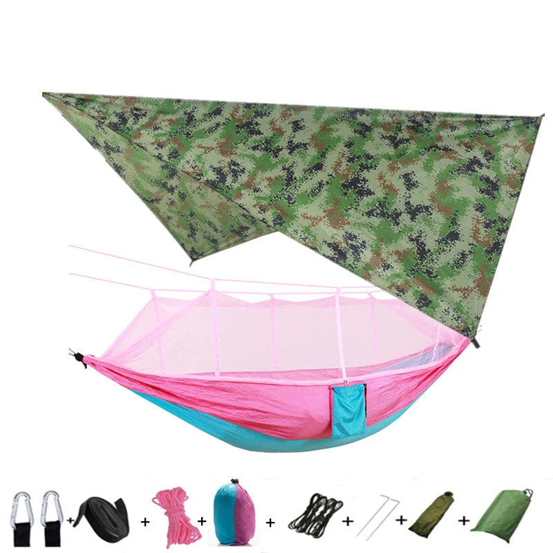 Versatile parachute hammock with mosquito net for outdoor camping and relaxation