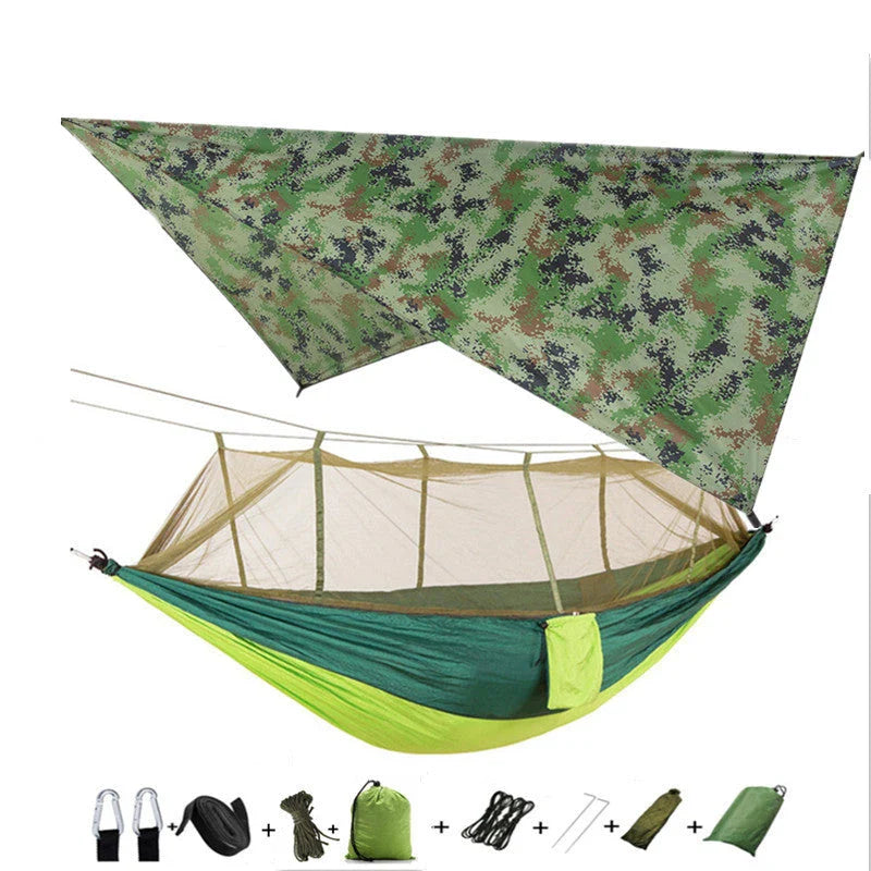 Versatile parachute hammock with mosquito net for outdoor camping and relaxation