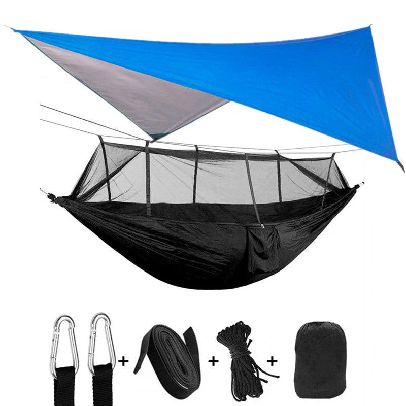 Versatile parachute hammock with mosquito net for outdoor camping and relaxation