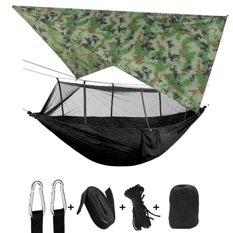Versatile parachute hammock with mosquito net for outdoor camping and relaxation
