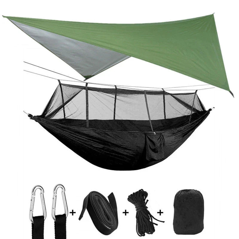 Versatile parachute hammock with mosquito net for outdoor camping and relaxation