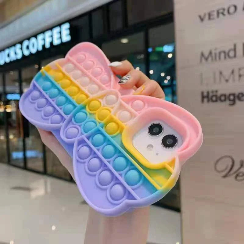 Stress-relieving phone case with colorful bubble fidget feature, suitable for various iPhone models