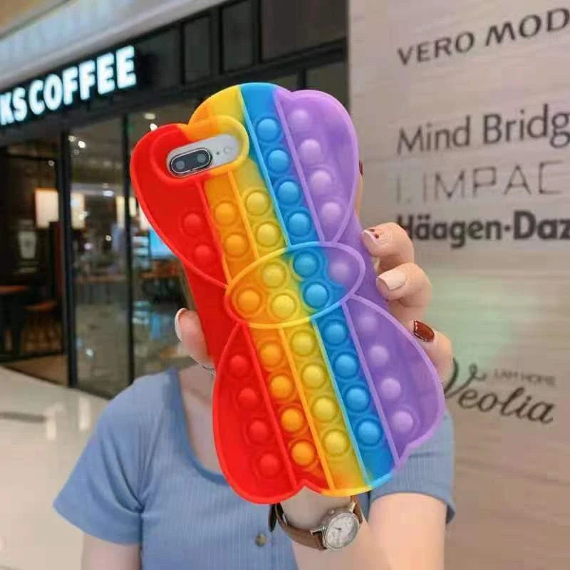Stress-relieving phone case with colorful bubble fidget feature, suitable for various iPhone models
