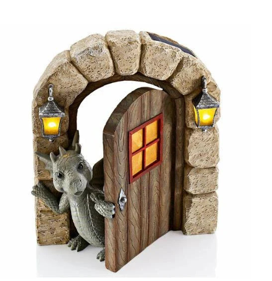 Enchanting resin garden ornaments with a curious dinosaur and warm solar lanterns, perfect for outdoor decor