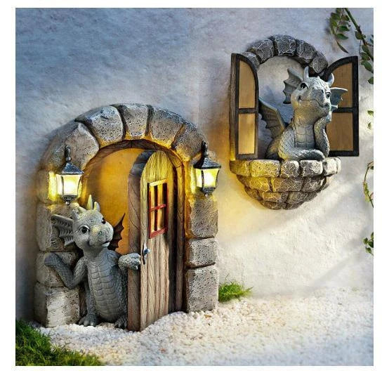 Enchanting resin garden ornaments with a curious dinosaur and warm solar lanterns, perfect for outdoor decor