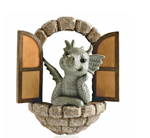 Enchanting resin garden ornaments with a curious dinosaur and warm solar lanterns, perfect for outdoor decor