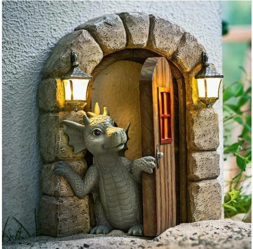 Enchanting resin garden ornaments with a curious dinosaur and warm solar lanterns, perfect for outdoor decor