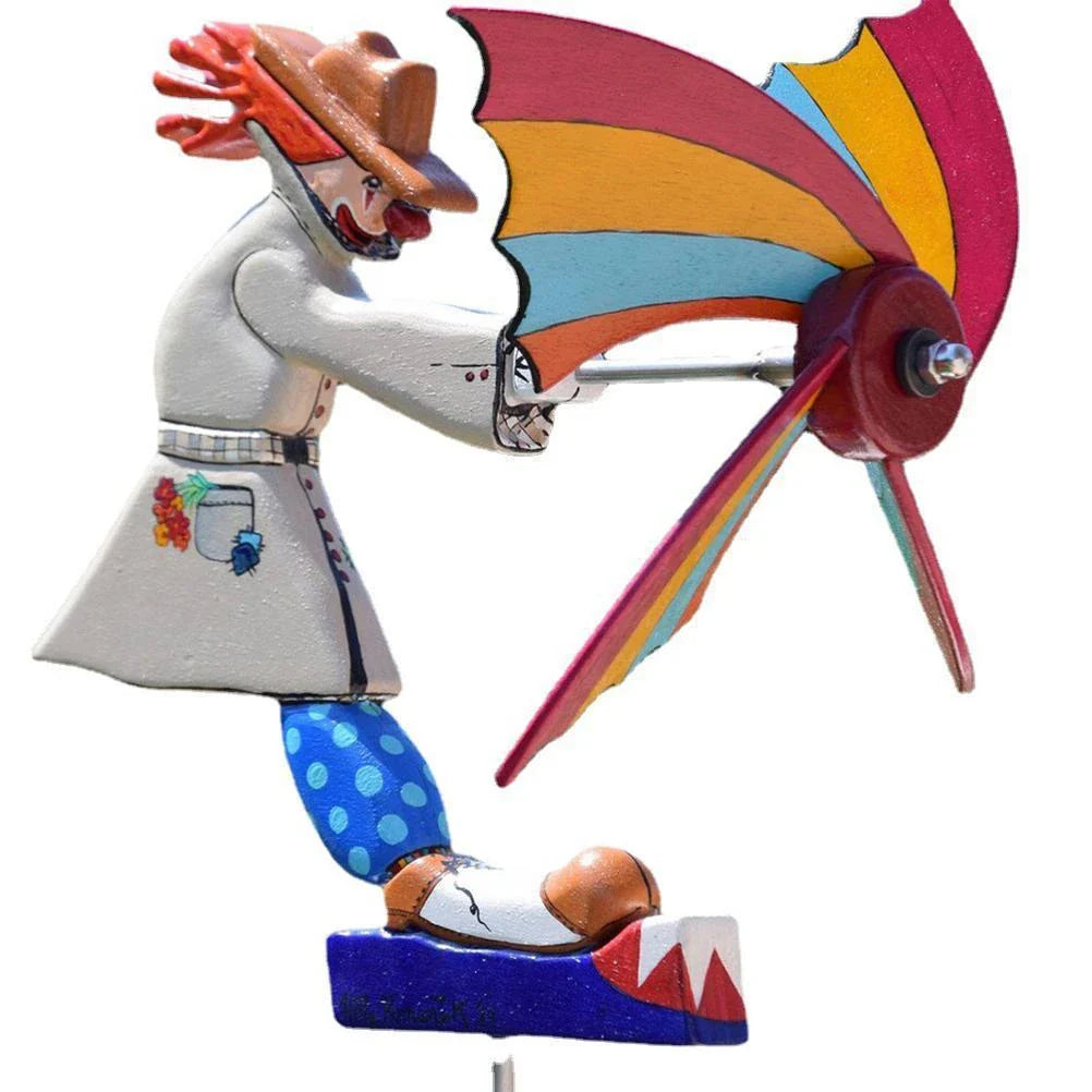 Charming clown garden windmill decoration with stainless steel column and vibrant, long-lasting colors