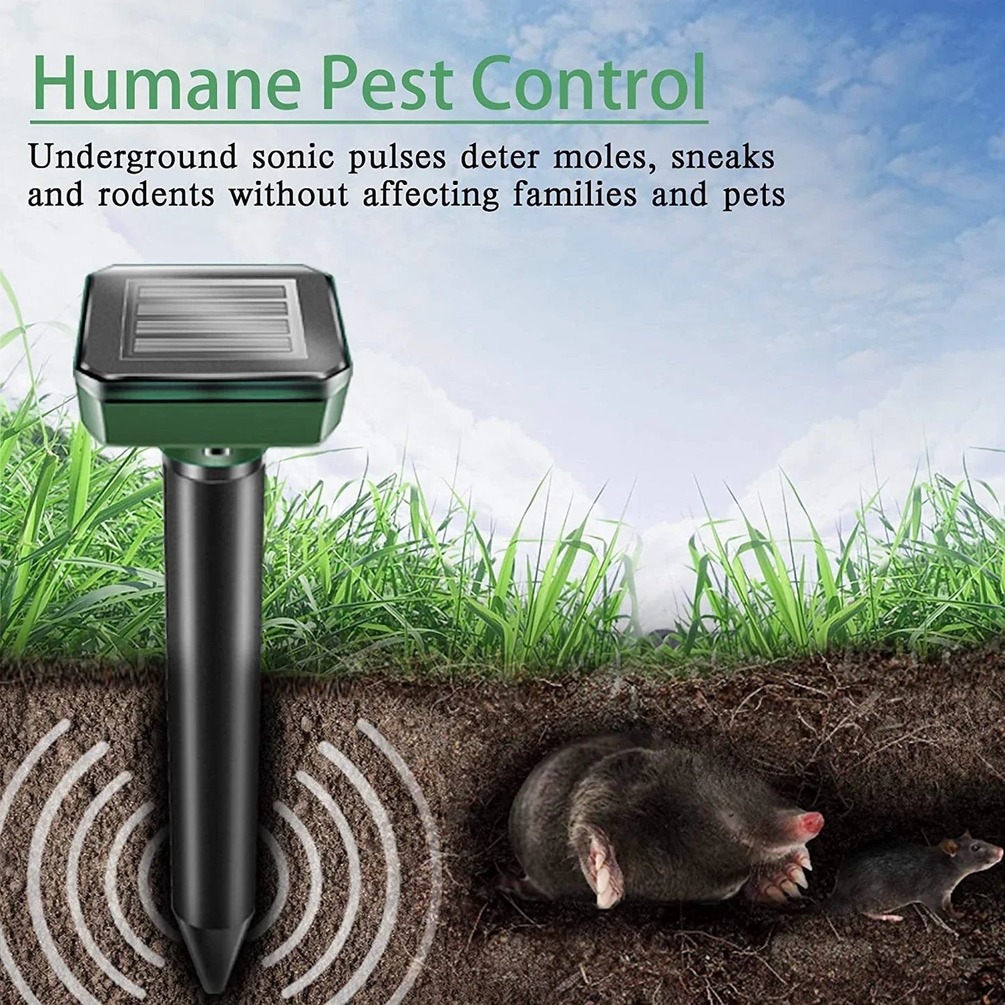 Solar-powered ultrasonic pest deterrent device for repelling moles, rats, snakes, and other burrowing pests from gardens and outdoor spaces