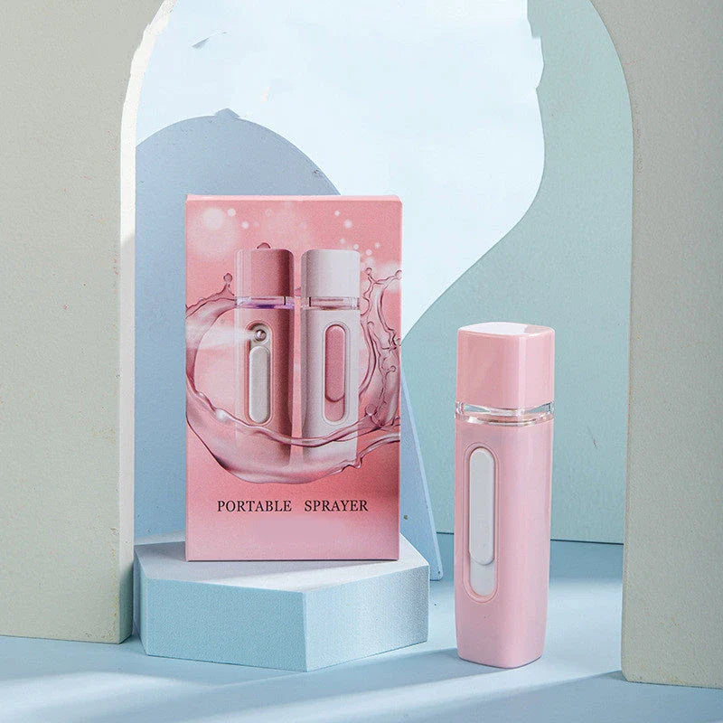 Portable facial mister with 38ml water tank, transforms water into fine mist for hydrating skin on the go