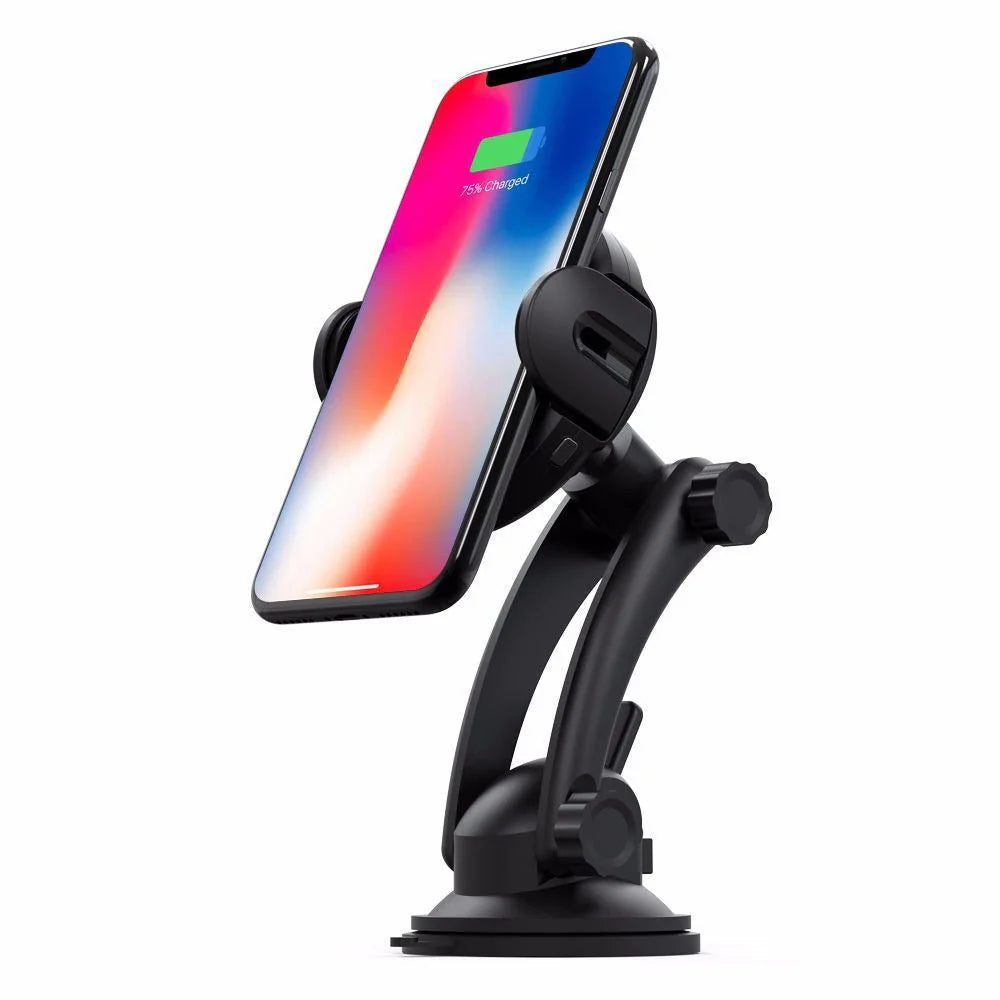 Magnetic car phone holder with wireless charging for smartphones, providing a secure and convenient in-car mount solution.