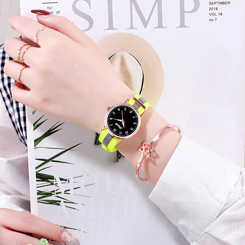 Luminous Starry Sky Watch with rainbow canvas strap for ladies, 36mm dial