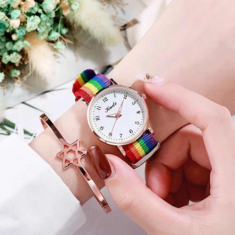 Luminous Starry Sky Watch with rainbow canvas strap for ladies, 36mm dial